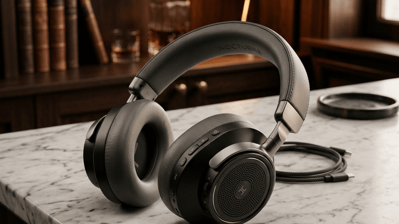 Premium wireless headphones on a marble surface with warm lighting